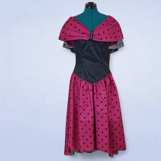 Vintage 1980s Party Time Fashions Toronto Fuschia Prom Dress w Velvet Polka Dots