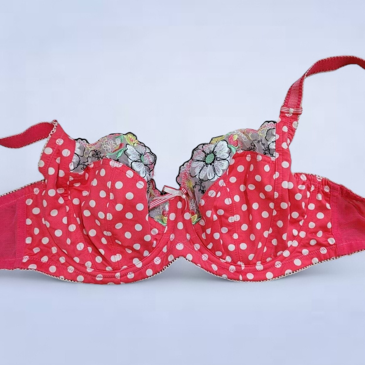 Debenhams Pink Polka Dot Bra with Floral Lace Accent - Size 30F