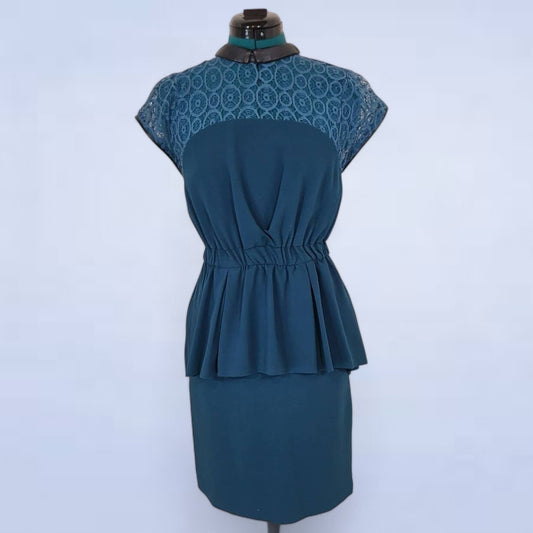 W118 by Walter Baker Teal Peplum Dress Lace and Vegan Leather Trim - Size XS