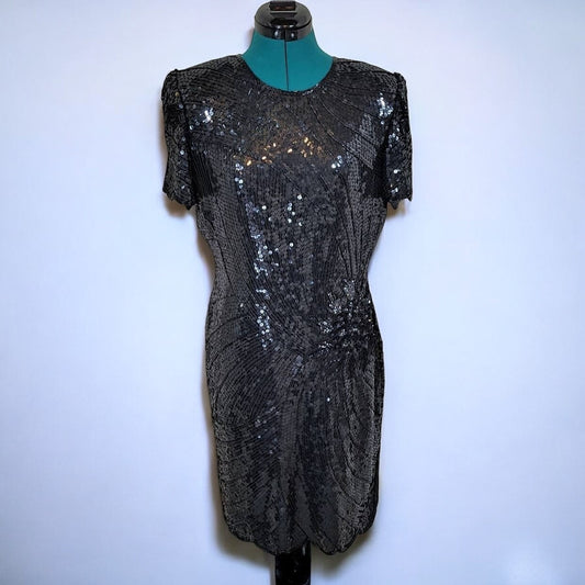 Vintage Joseph Ribkoff 1980s Black Silk and Sequin Cocktail Prom Dress - Small