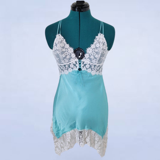 Victoria's Secret Tiffany Blue Satin Lace Bridal Chemise Slip - Size Medium