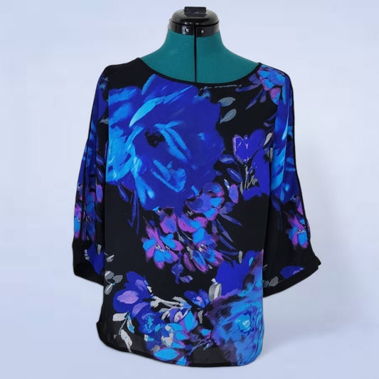 Adrianna Papell Vibrant Blue and Purple Floral Blouse - Size Medium