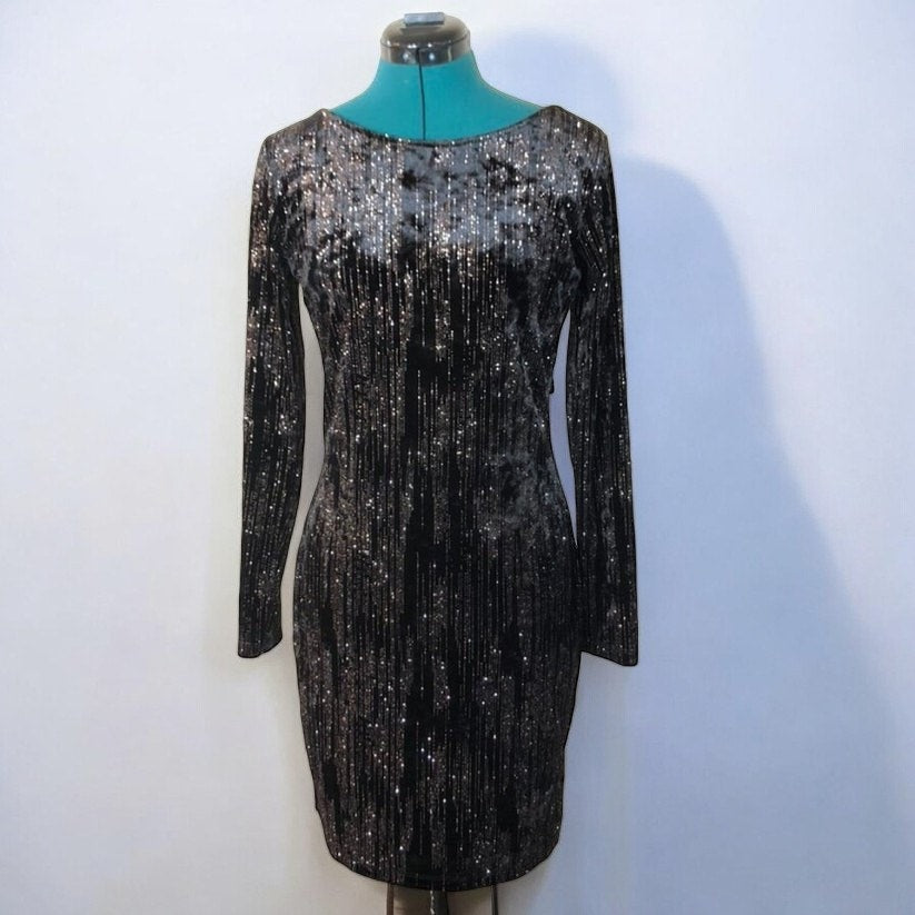 Le Chateau Black Sparkle Velvet Scoop Neck Dress - Size Medium