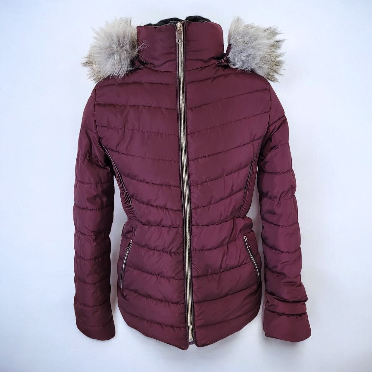 Special One Burgundy Puffer Jacket with Faux Fur Rimmed Hood - Size Small