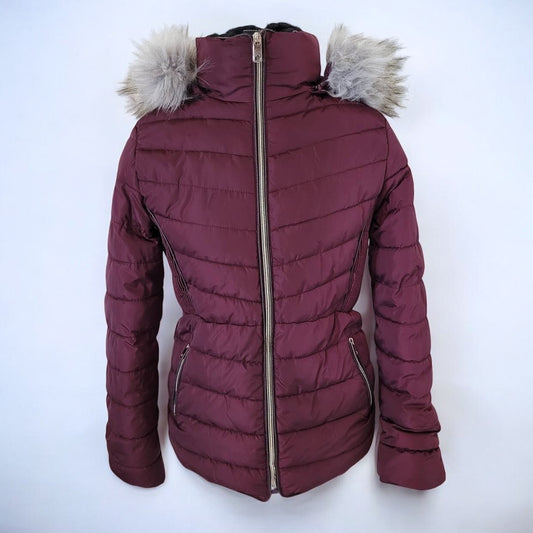 Special One Burgundy Puffer Jacket with Faux Fur Rimmed Hood - Size Small