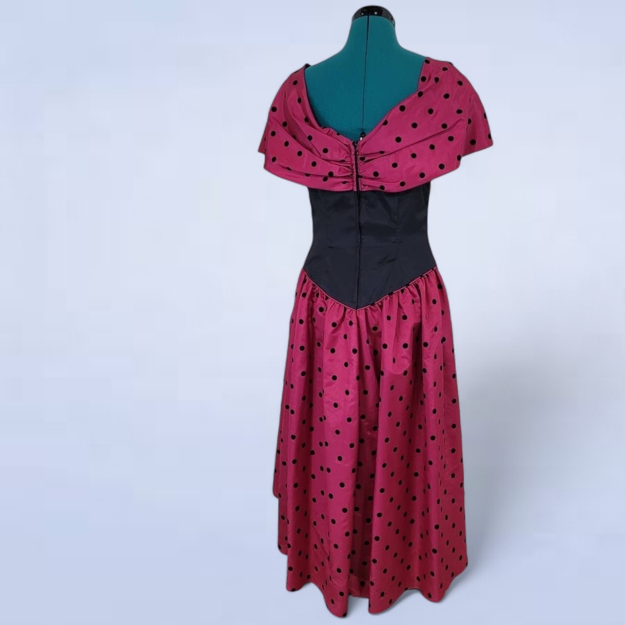 Vintage 1980s Party Time Fashions Toronto Fuschia Prom Dress w Velvet Polka Dots