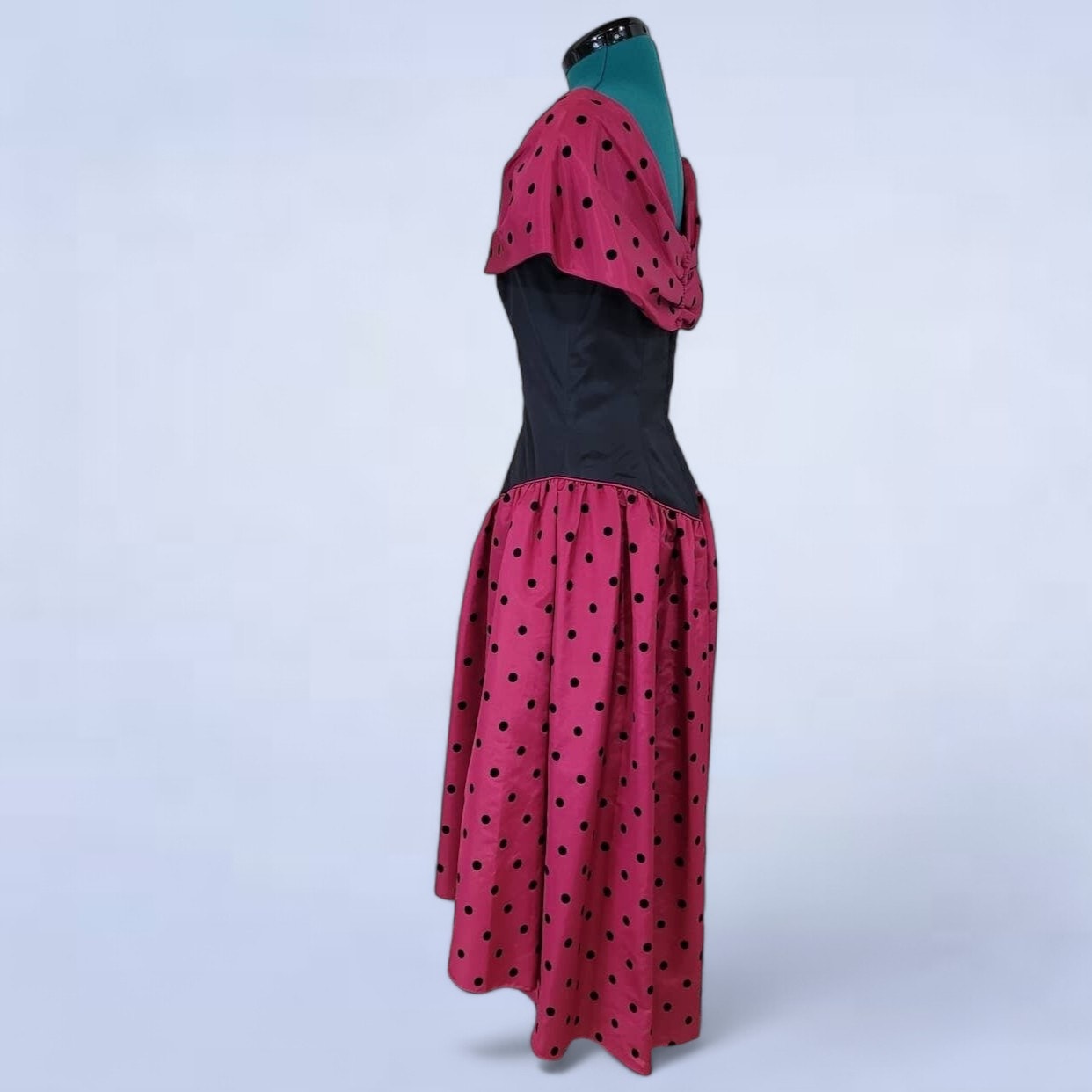 Vintage 1980s Party Time Fashions Toronto Fuschia Prom Dress w Velvet Polka Dots