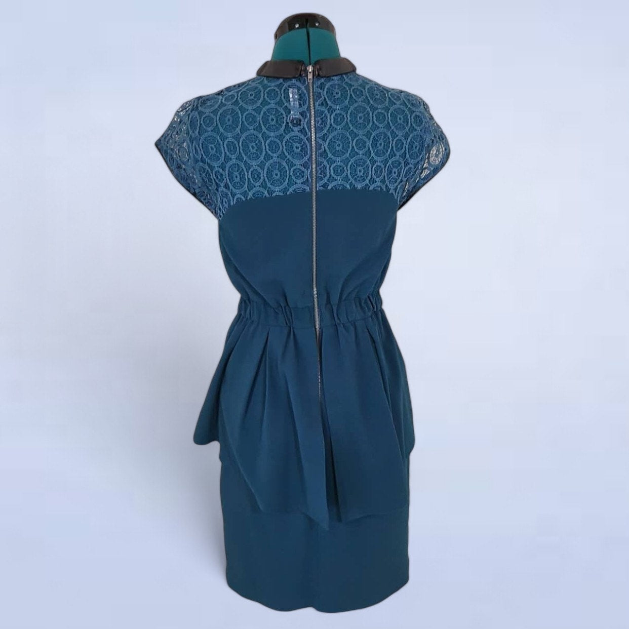 W118 by Walter Baker Teal Peplum Dress Lace and Vegan Leather Trim - Size XS