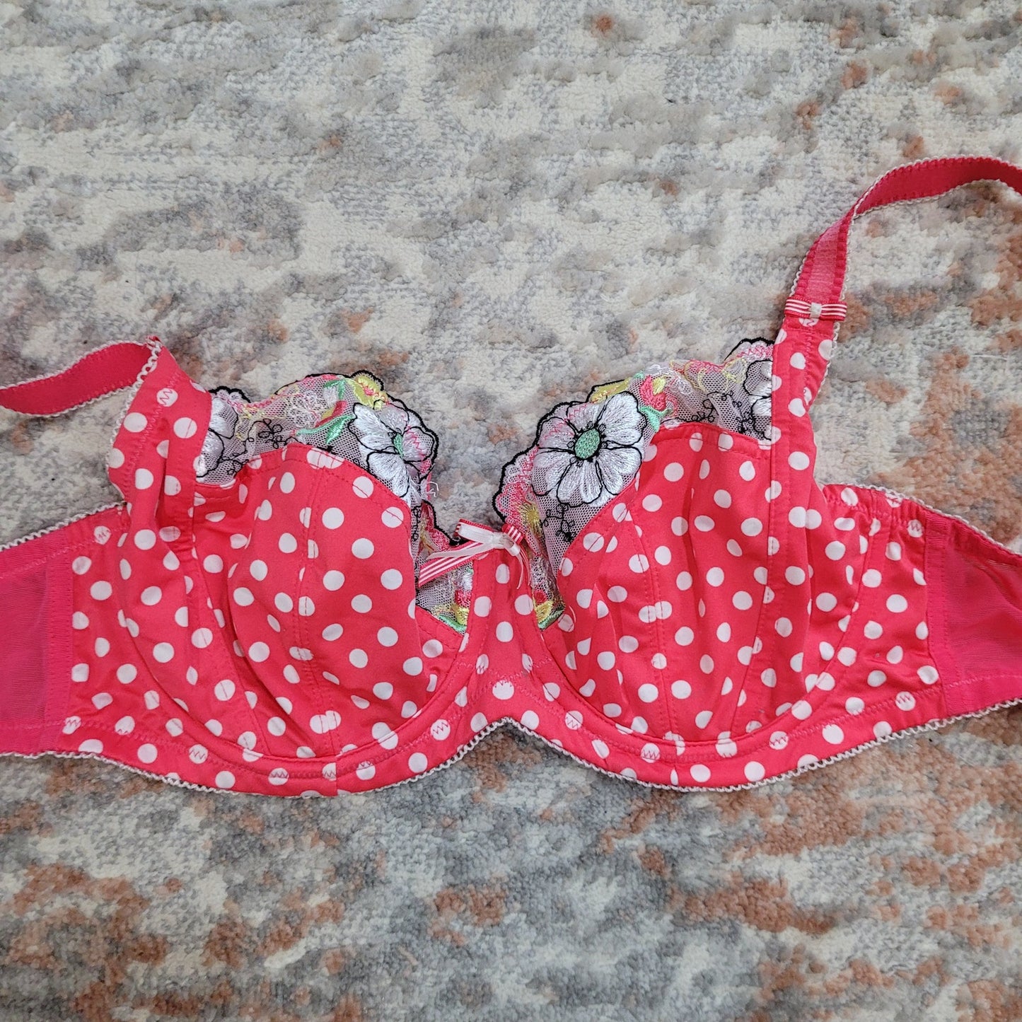 Debenhams Pink Polka Dot Bra with Floral Lace Accent - Size 30F