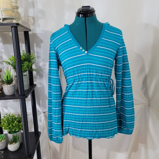 Lole Blue Striped Long Sleeve Blouse with Hood and Drawstring Waist - Size Small