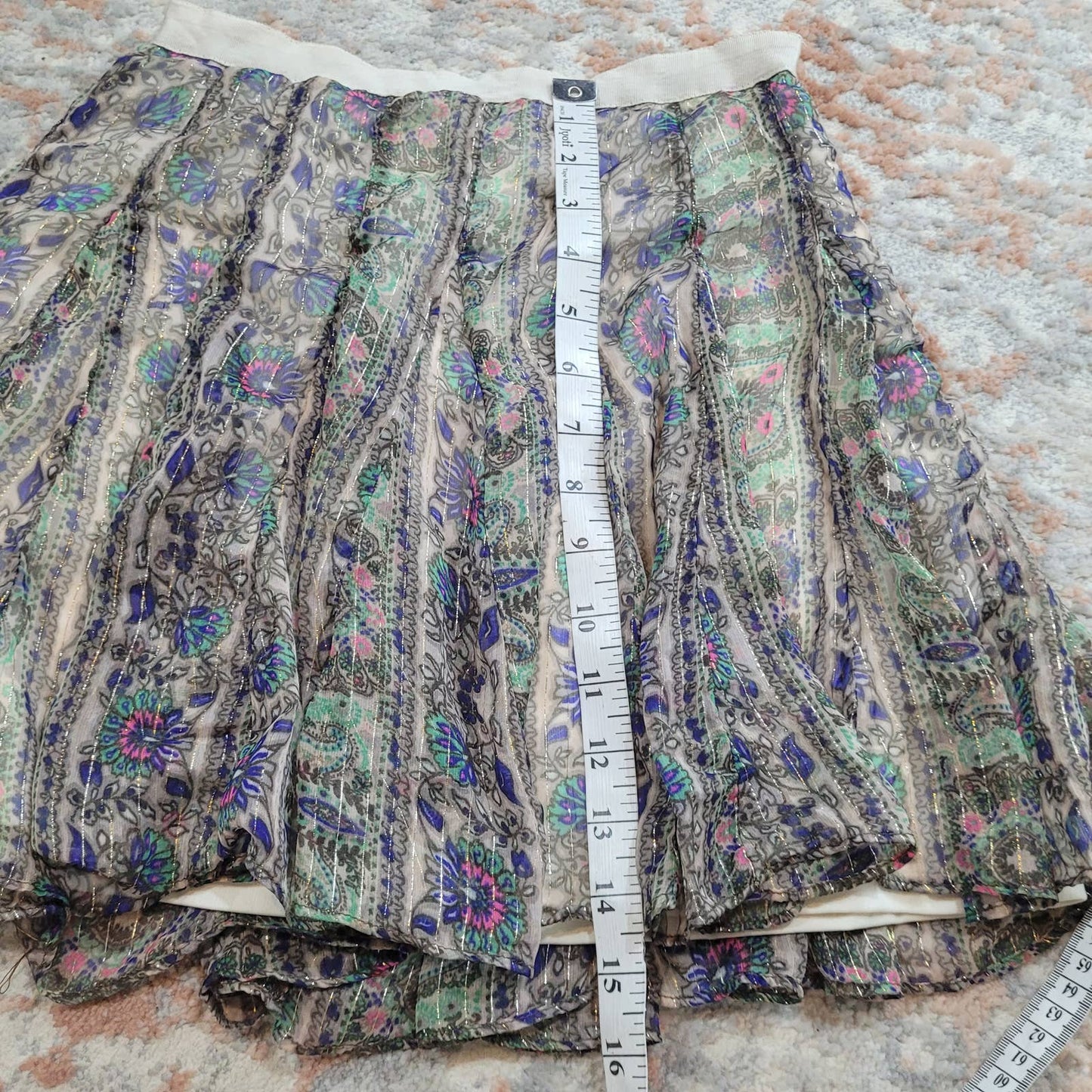 American Eagle Outfitters Pleated Paisley Mini Skirt with Gold Shimmer - Size 2