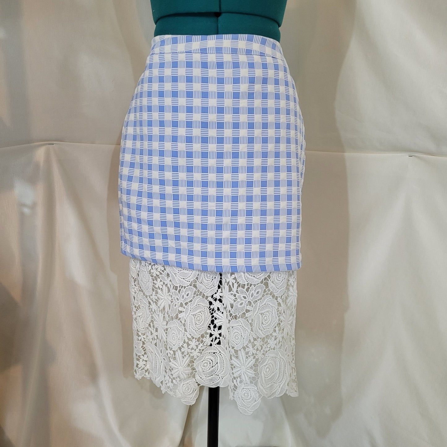 Endless Rose Blue Plaid Skirt with Crocheted Lace Hem - Size Large