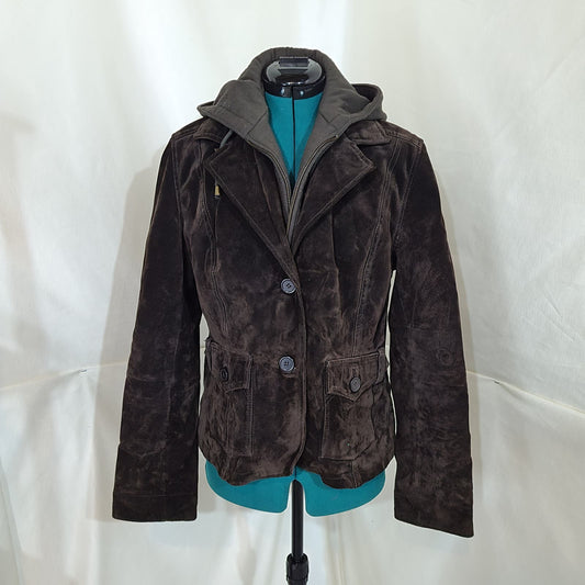 Cruze Brown Suede Leather Jacket with Removable Hoody - Size Large