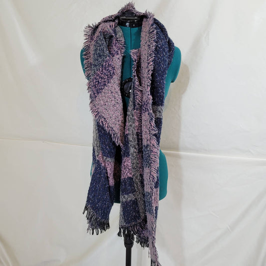 Pink and Blue Boucle Cotton Wool Blend Blanket Scarf