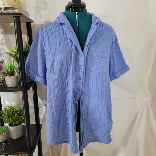 French Connection Blue Cuddly Cotton Button Up Tee - Size Large