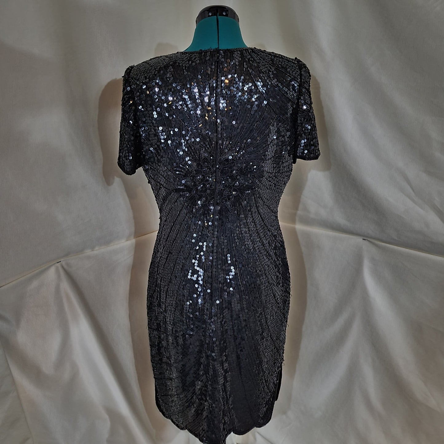 Vintage Joseph Ribkoff 1980s Black Silk and Sequin Cocktail Prom Dress - Small