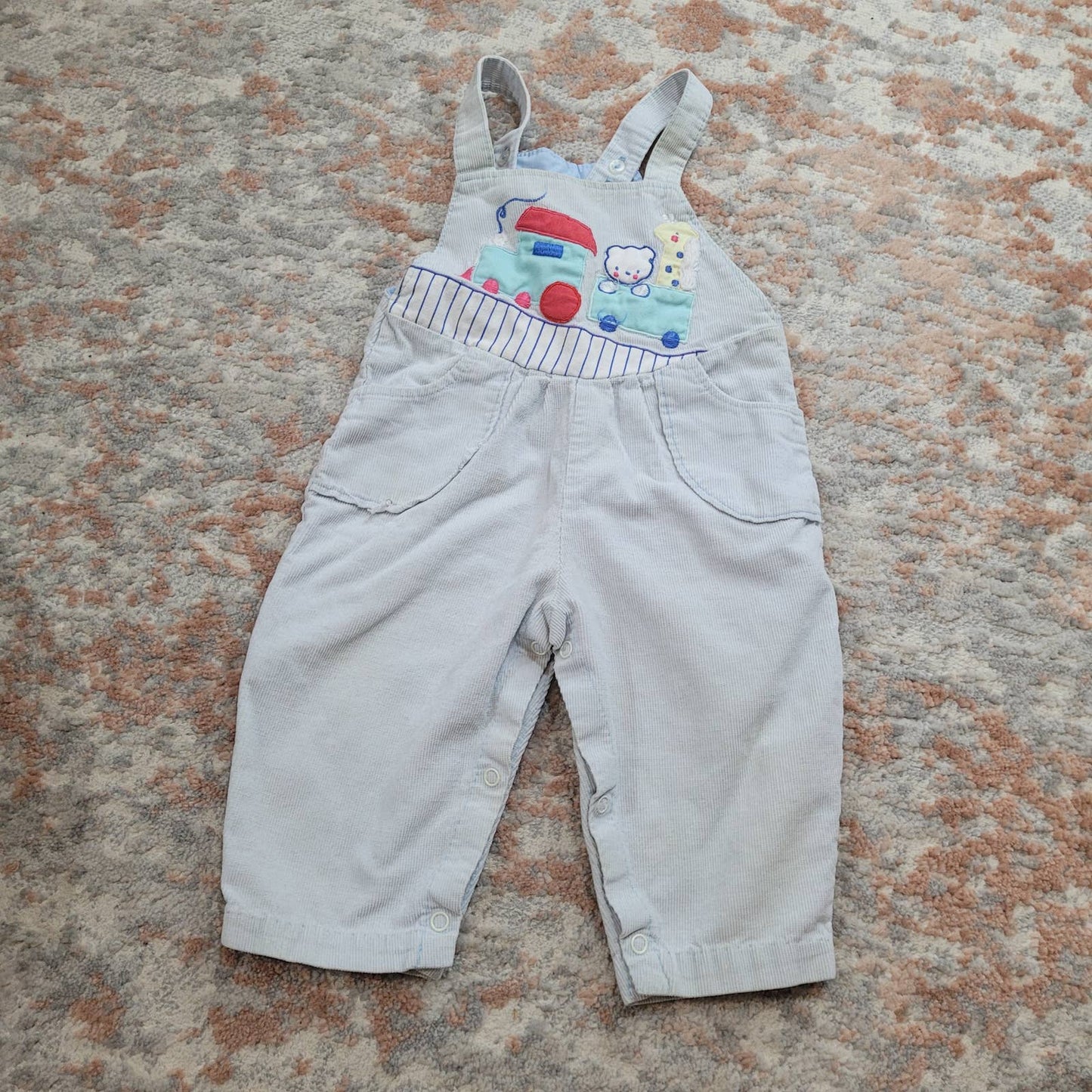 Blue Cordouroy Overalls with Bear and Giraffe on a Train