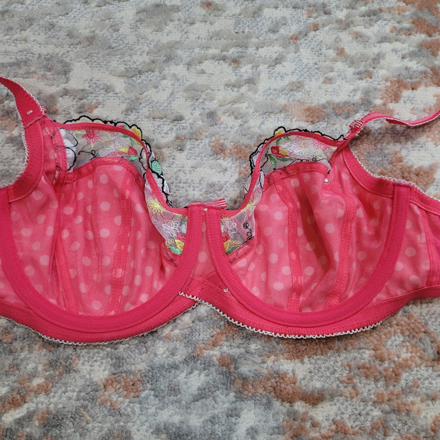 Debenhams Pink Polka Dot Bra with Floral Lace Accent - Size 30F