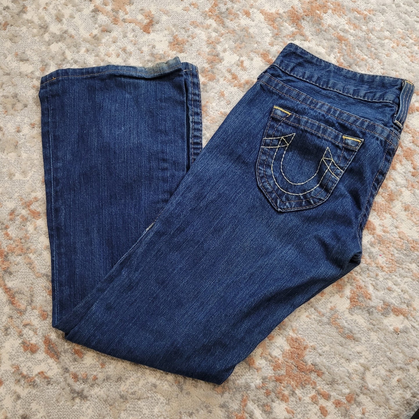 True Religion Vintage Y2K Dark Wash Jean with Slight Flare Yellow Button - 29