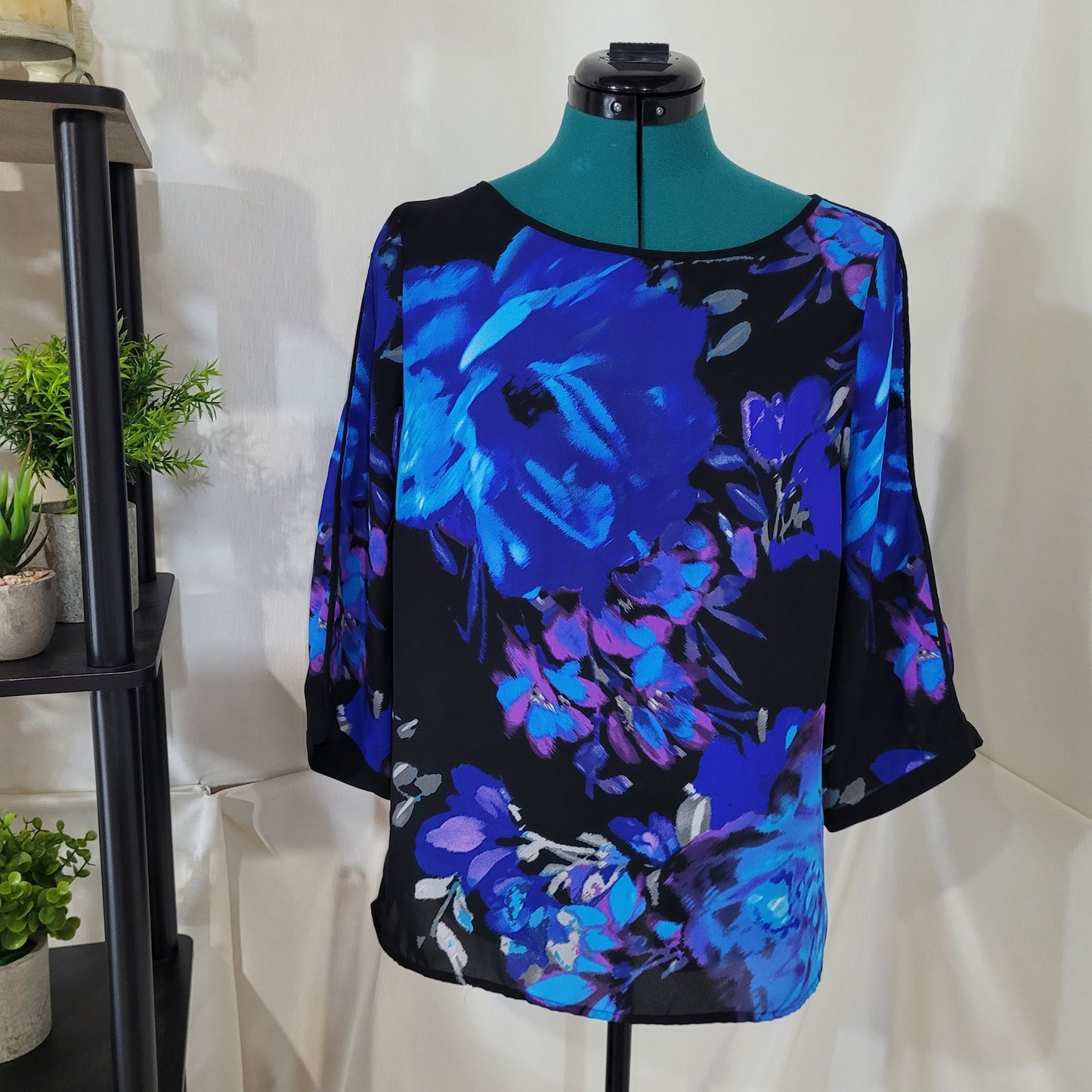 Adrianna Papell Vibrant Blue and Purple Floral Blouse - Size Medium