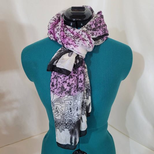 Long Silk Rectangle Scarf with Black and Purple Filigree Design