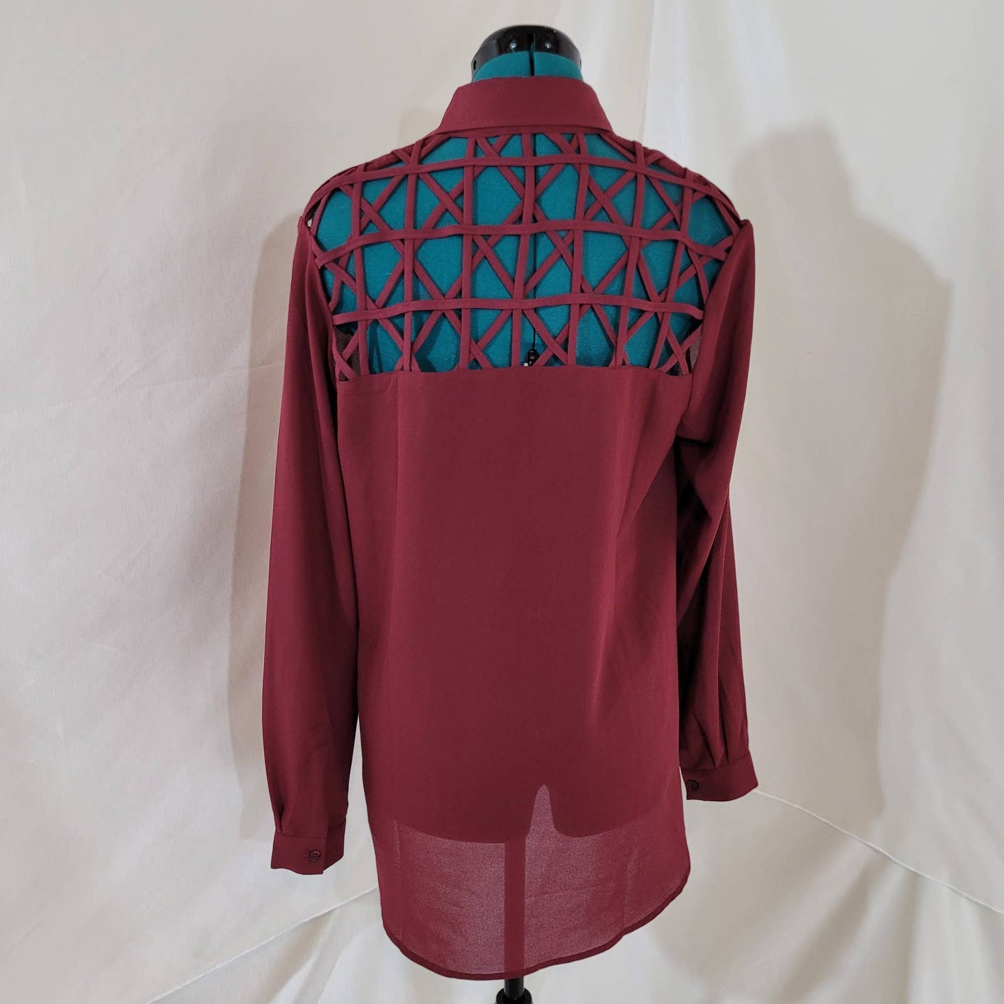 MINKPINK Burgundy Button Up Blouse with Cut Out Shoulders - Size Extra Small