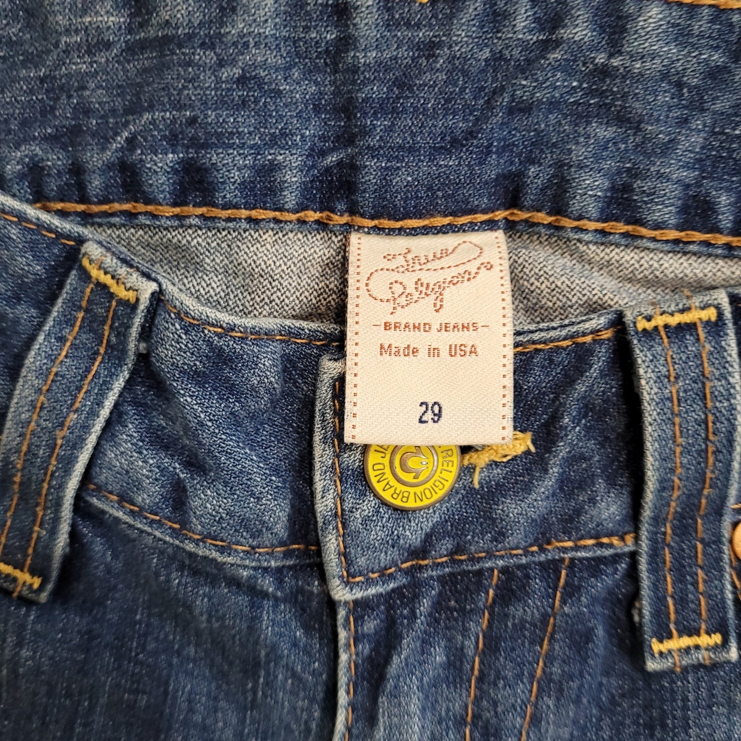 True Religion Vintage Y2K Medium Wash Jean with Slight Flare Yellow Button - 29