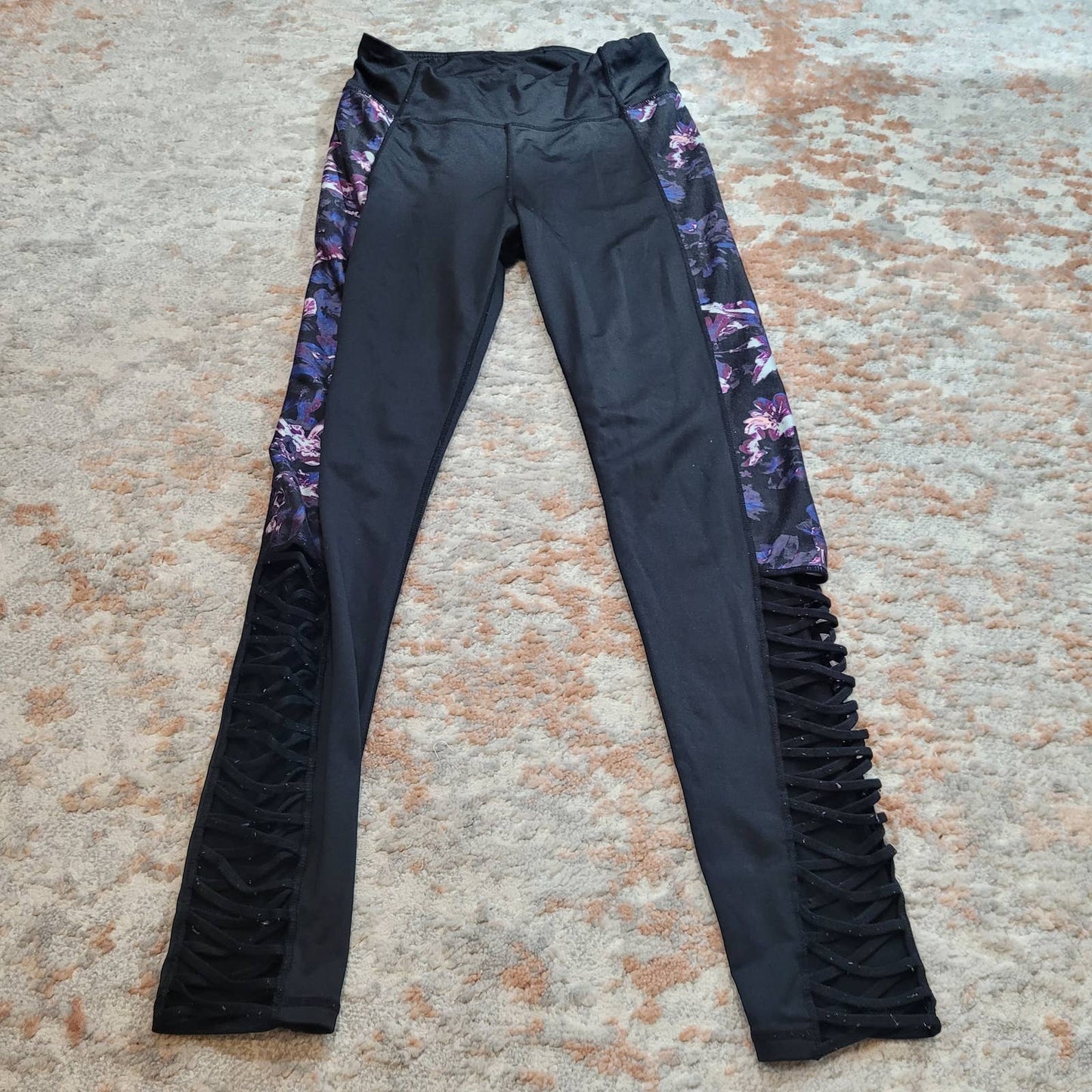 Black Leggings with Floral Side Panels and Strappy Calves - Size Medium