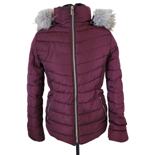 Special One Burgundy Puffer Jacket with Faux Fur Rimmed Hood - Size Small