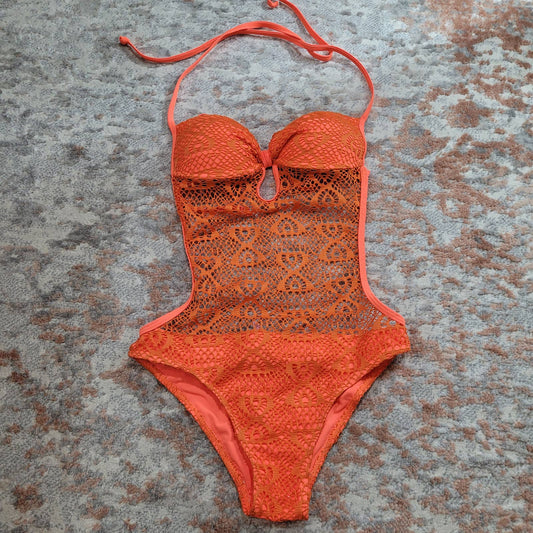 Anemone Bright Orange Crochet Lace One Piece Bathing Suit - Size Small