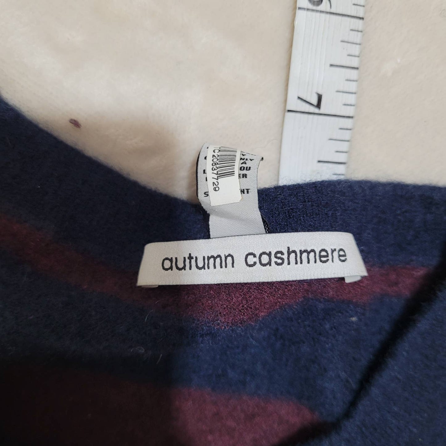 Autumn Cashmere Burgundy and Navy Striped Cashmere Sweater - Size Medium