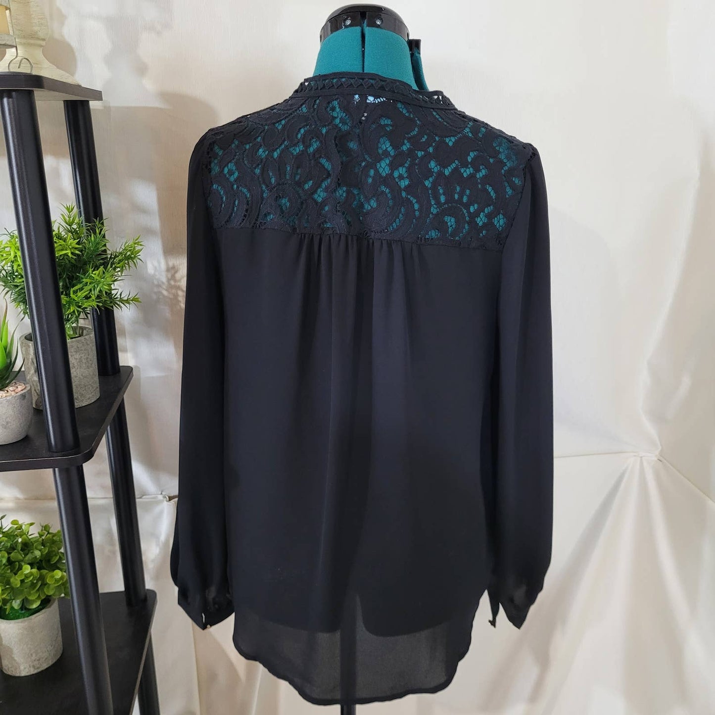 Marciano Black Chiffon Long Sleeve Blouse with Lace Accents - Size Small