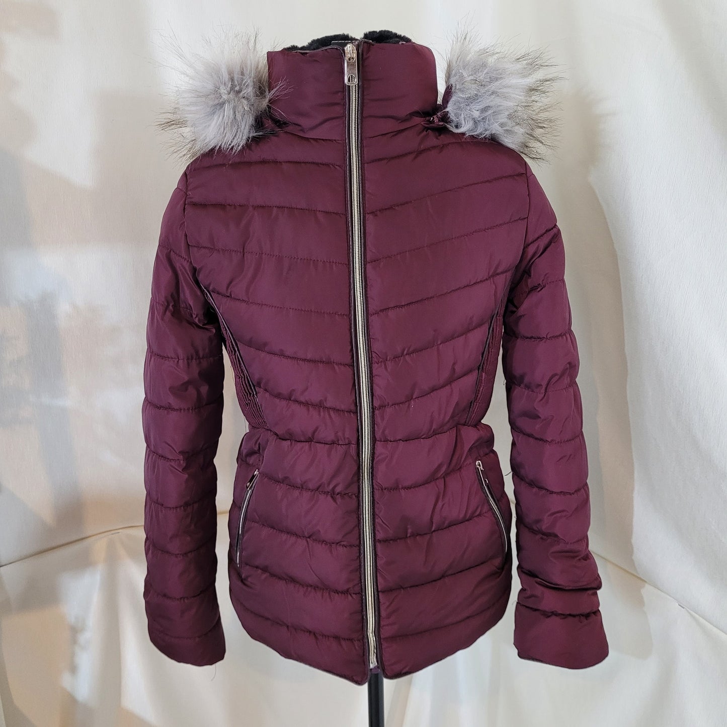 Special One Burgundy Puffer Jacket with Faux Fur Rimmed Hood - Size Small