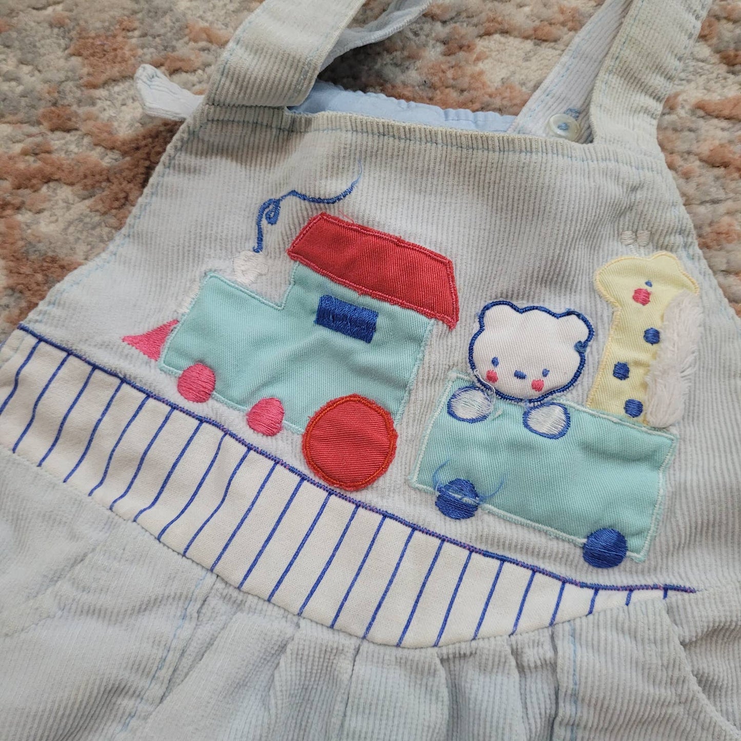 Blue Cordouroy Overalls with Bear and Giraffe on a Train