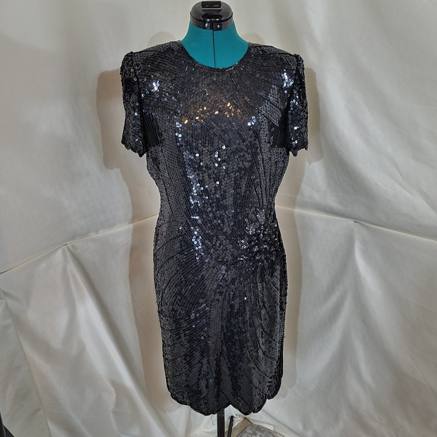 Vintage Joseph Ribkoff 1980s Black Silk and Sequin Cocktail Prom Dress - Small