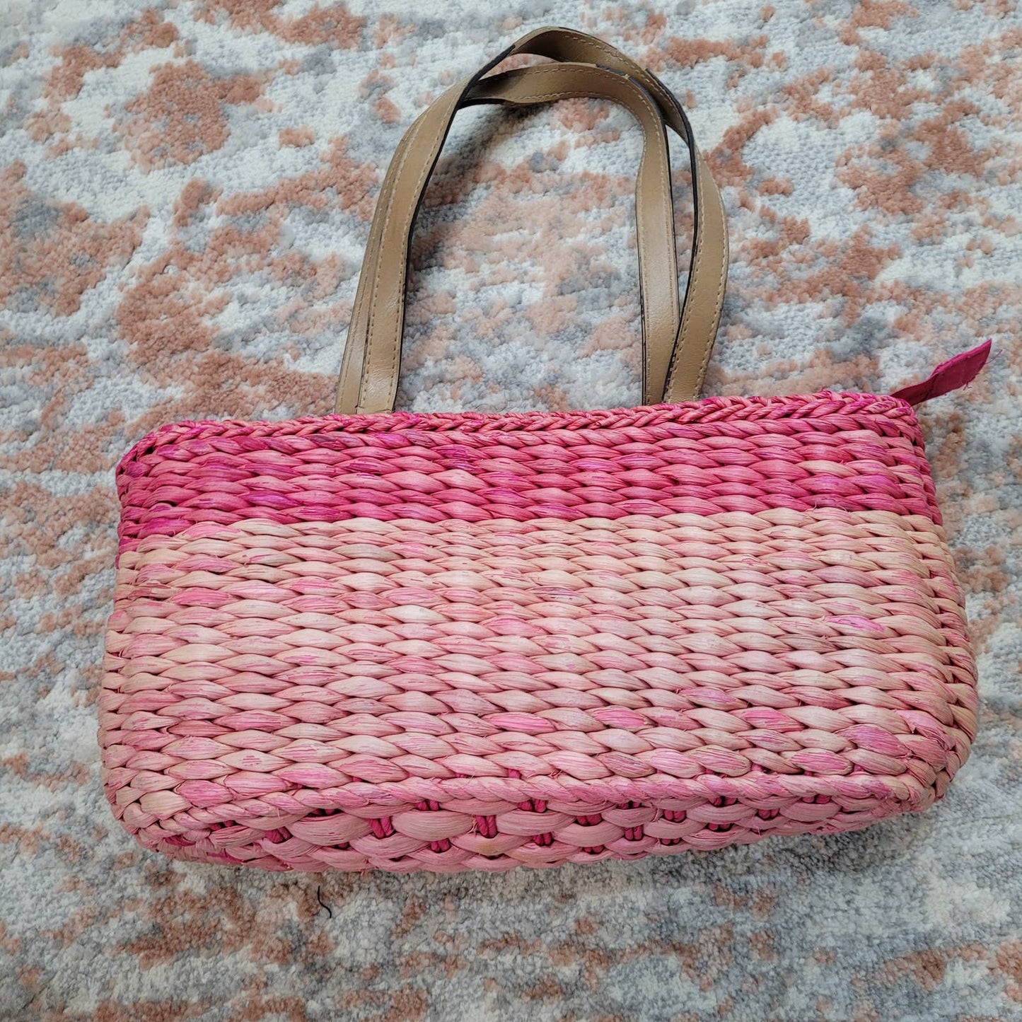 Beach Style Pink Striped Straw Woven Bag