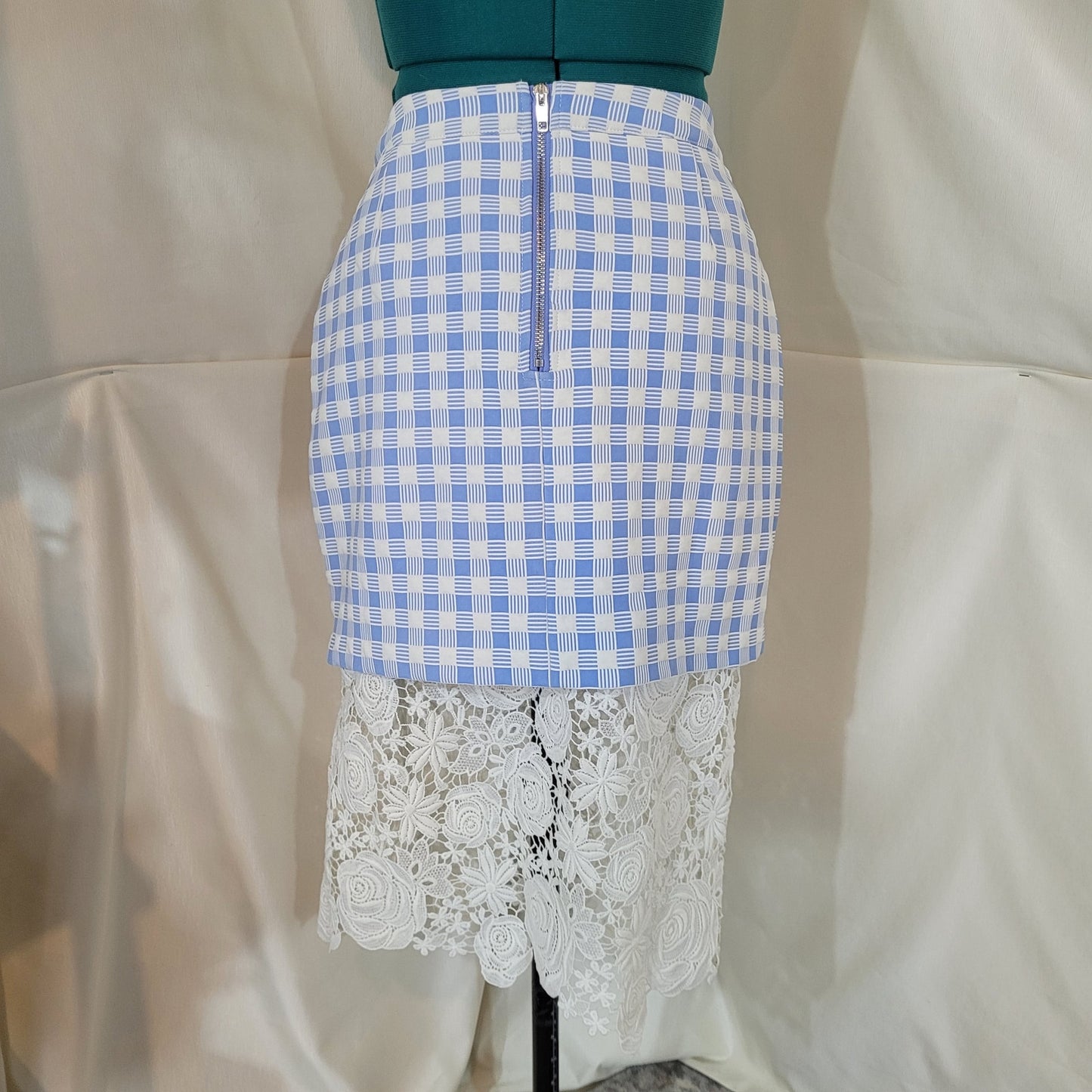 Endless Rose Blue Plaid Skirt with Crocheted Lace Hem - Size Large