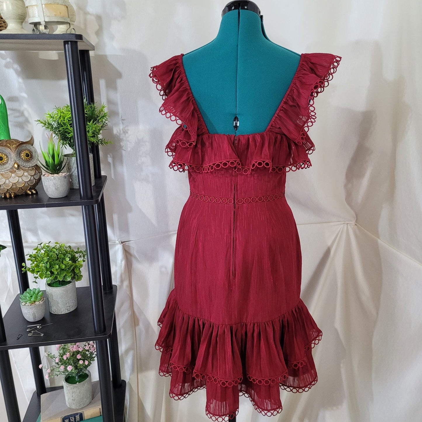 Keepsake the Label Too Close Ruffle Sheath Dress in Berry Red - Size Medium