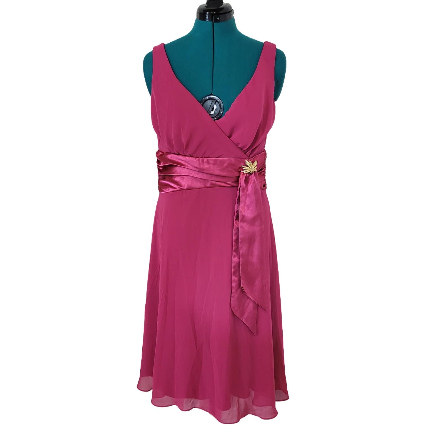 Oblique Pink Chiffon Dress with Satin Waist Tie and Gold Tone Brooch - Size 12