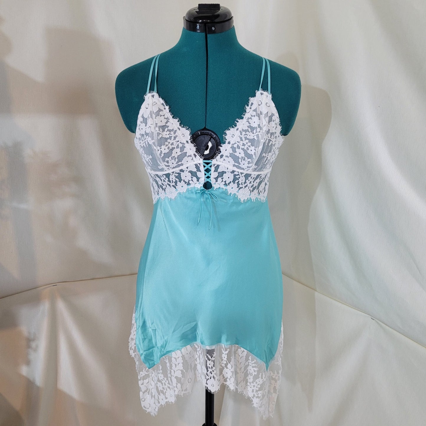 Victoria's Secret Tiffany Blue Satin Lace Bridal Chemise Slip - Size Medium