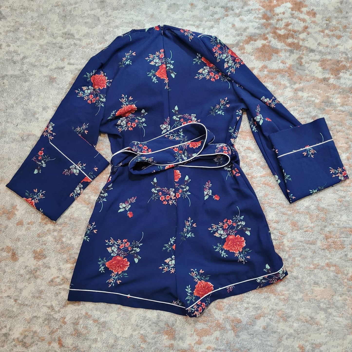Bleuh Ciel Blue Long Sleeve Romper with Rose Pattern - Size Small