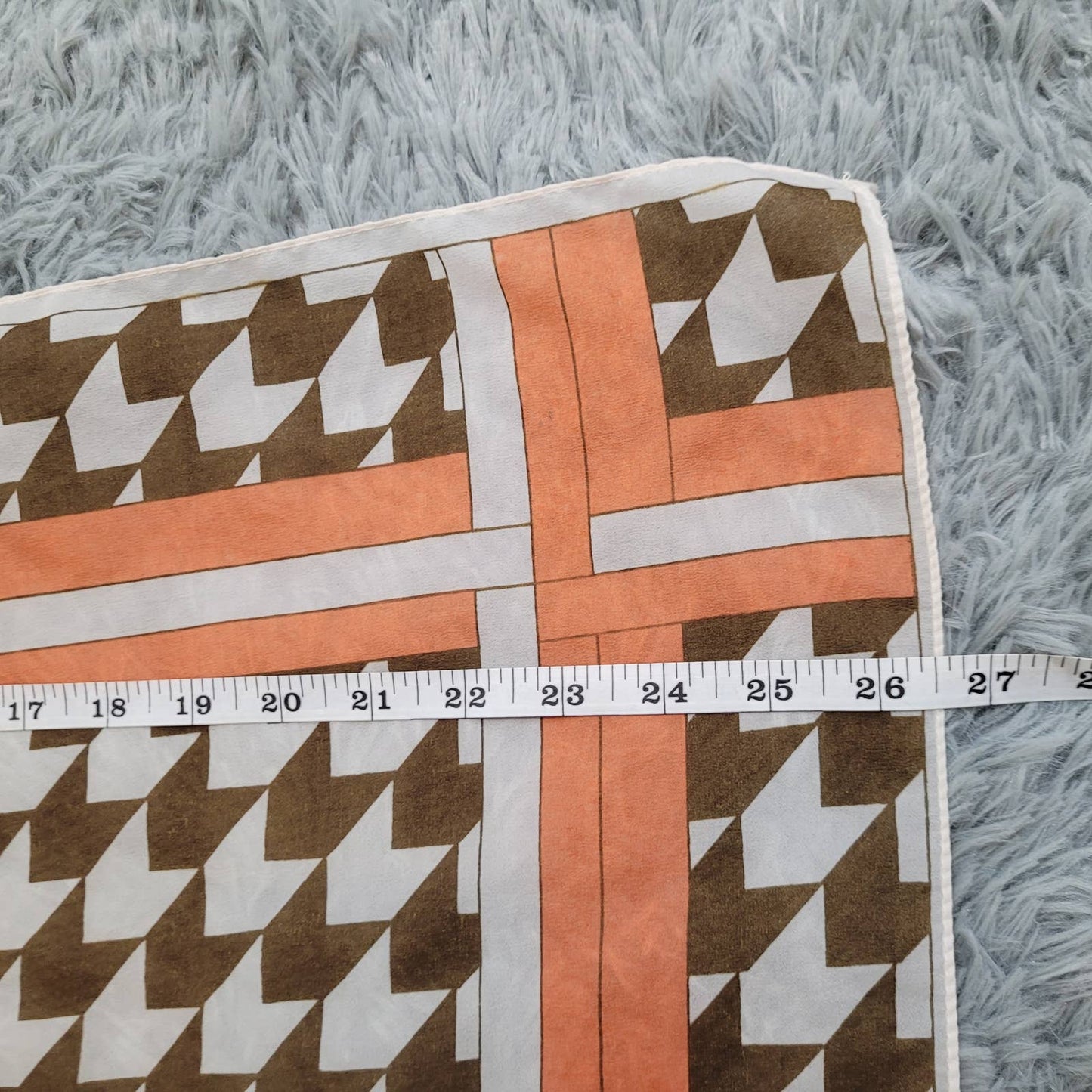 Square Scarf with Chevron / Houndstooth Pattern in Brown, Orange, and White