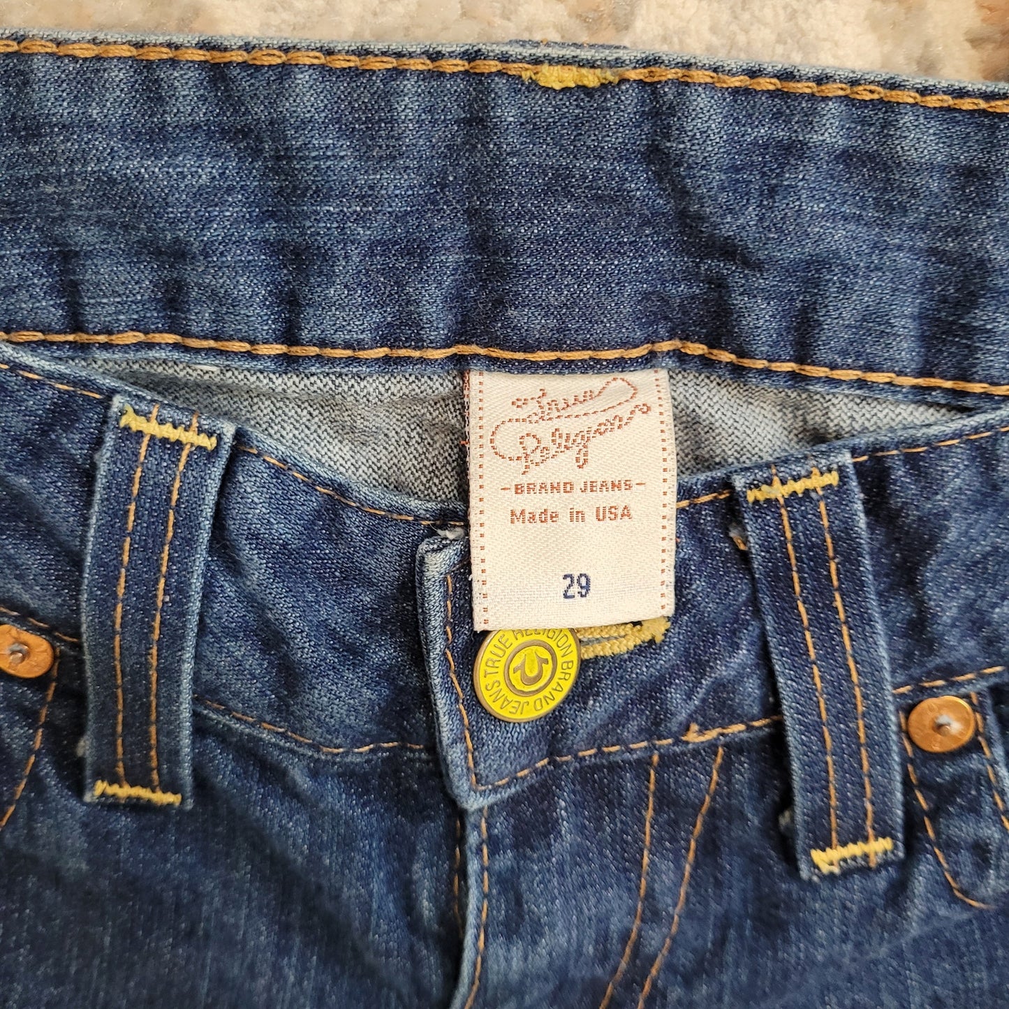 True Religion Vintage Y2K Dark Wash Jean with Slight Flare Yellow Button - 29