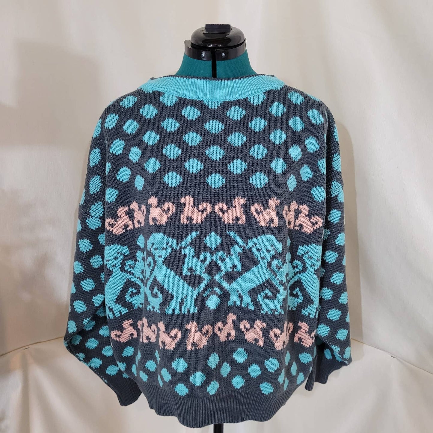 Vintage 80s 90s Kaos Blue Polka Dot Sweater with Dogs - Size Medium