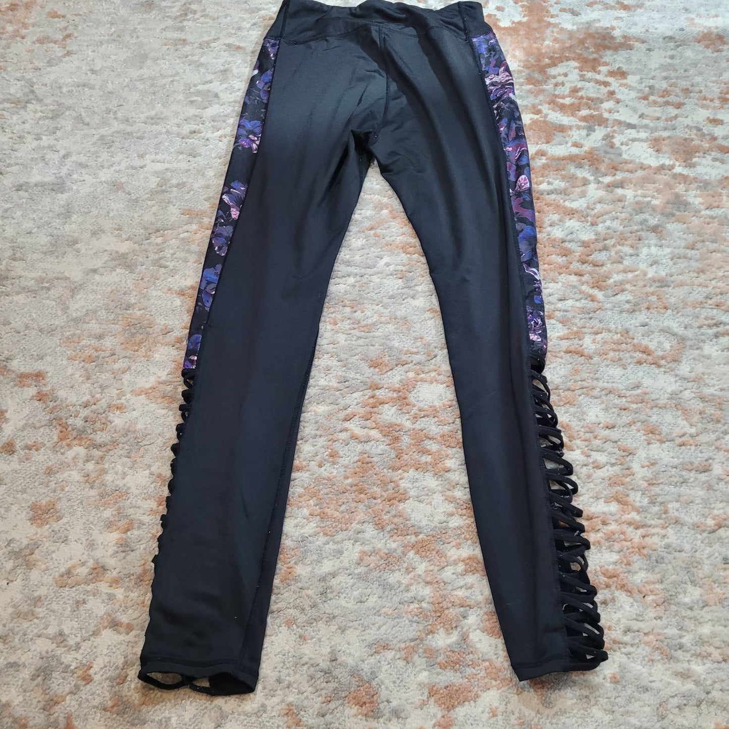 Black Leggings with Floral Side Panels and Strappy Calves - Size Medium