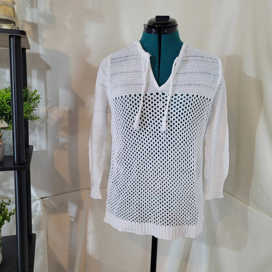 Eddie Bauer White Linen Blend Crochet Style Pullover Hoody - Size Medium