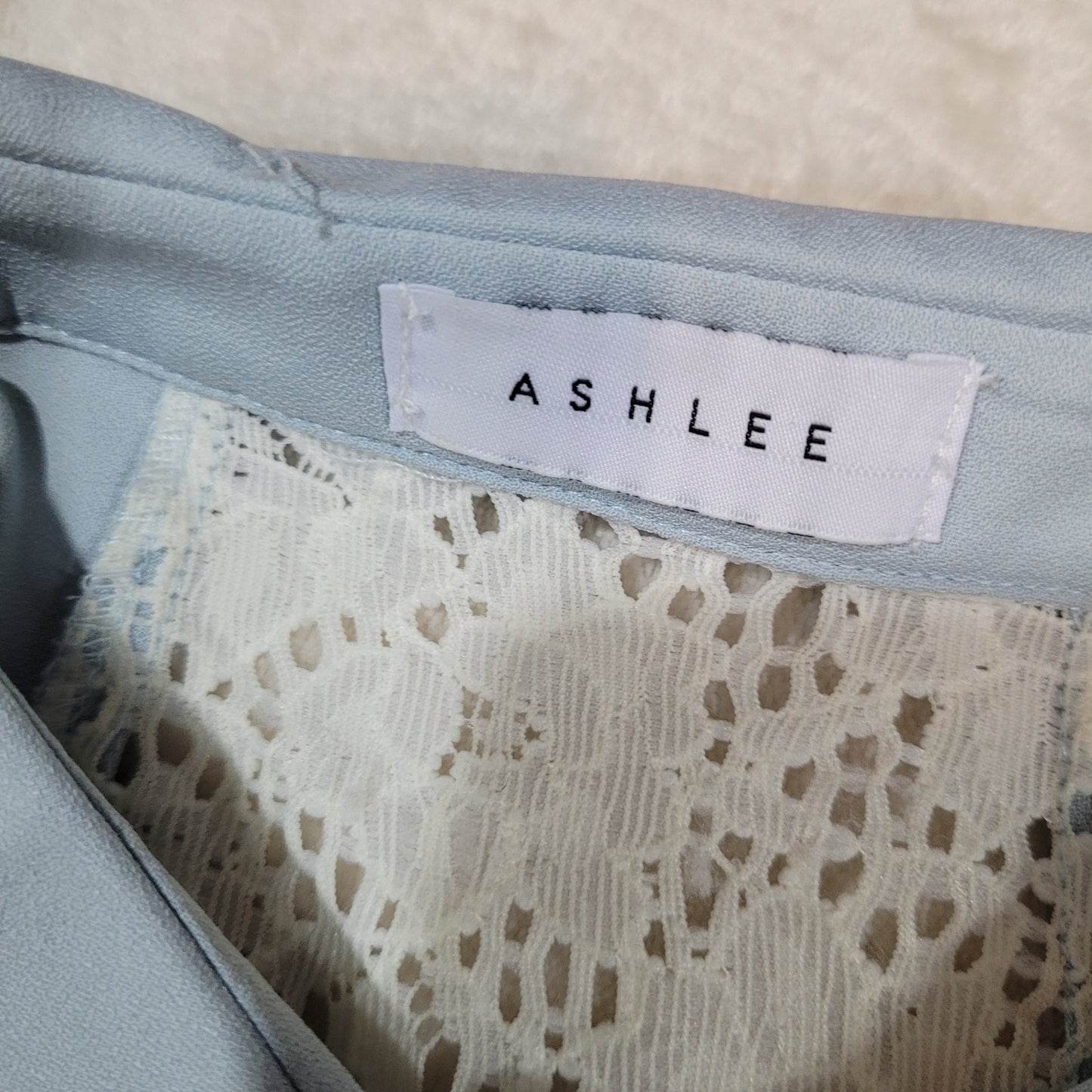 Ashlee Pastel Short Sleeve Blue Blouse with White Lace Back - Size Medium