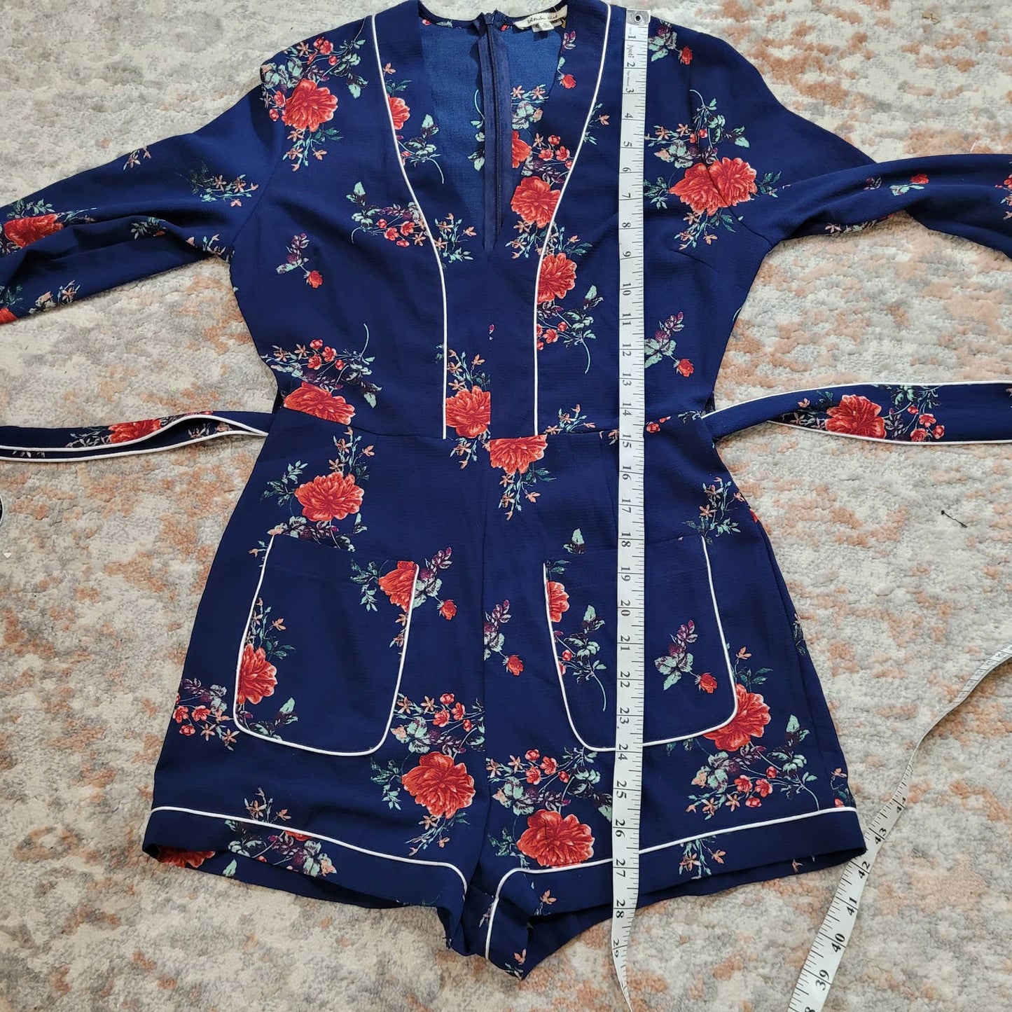 Bleuh Ciel Blue Long Sleeve Romper with Rose Pattern - Size Small