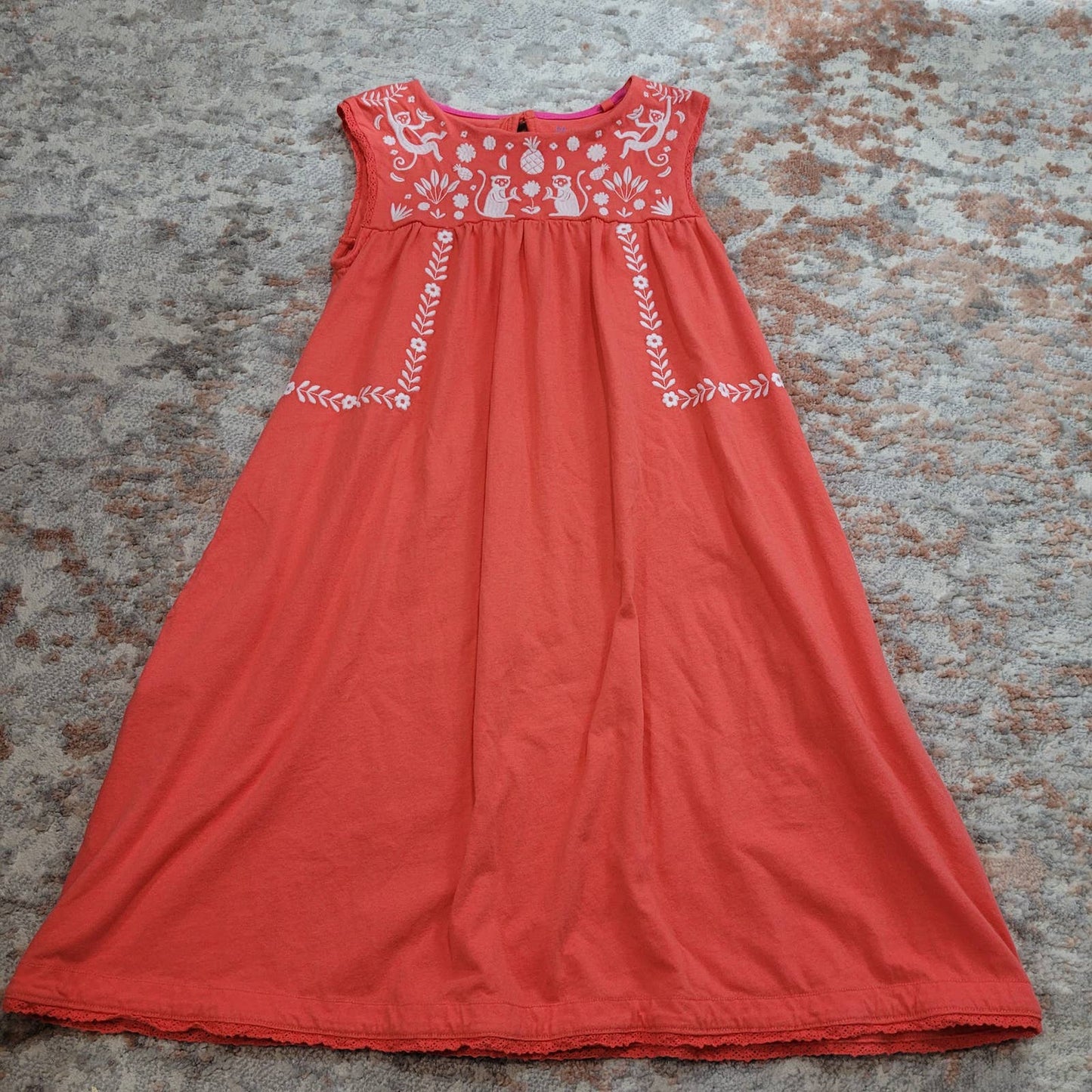 Mini Boden Coral Dress with Embroidered Monkey Pattern - Size 11-12