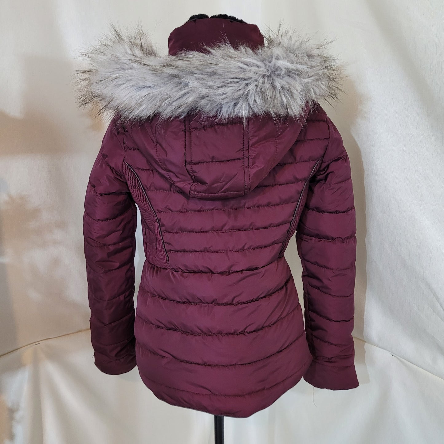 Special One Burgundy Puffer Jacket with Faux Fur Rimmed Hood - Size Small